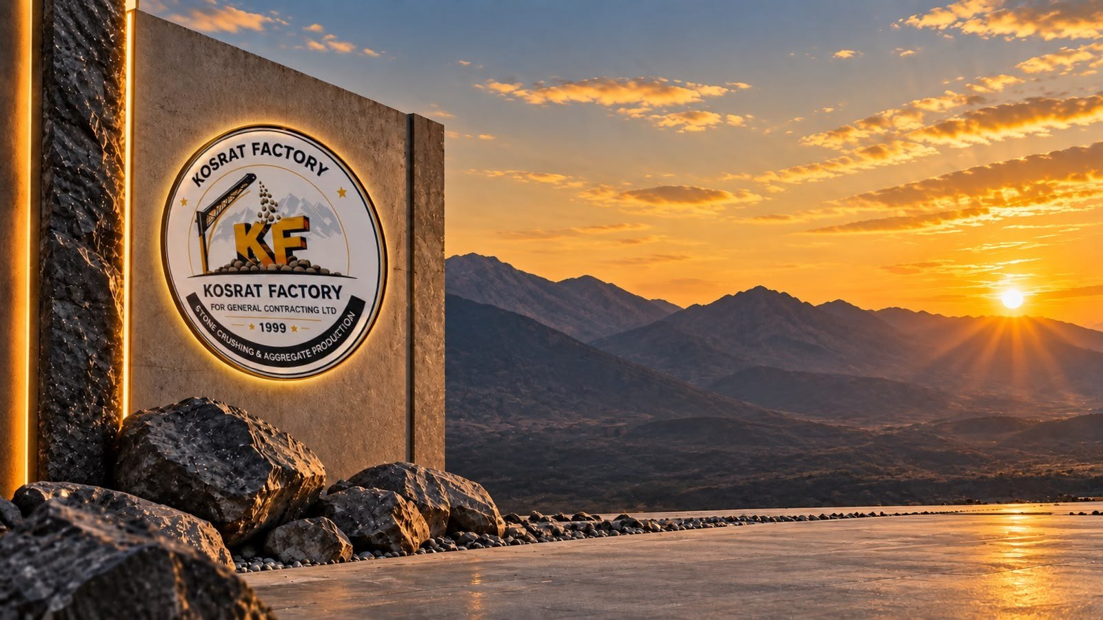 Kosrat Factory entrance sign at sunrise with mountains beyond