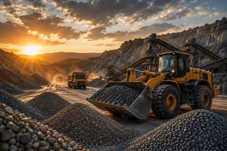 Wheel loader and haul trucks working the Kosrat Factory quarry at sunset
