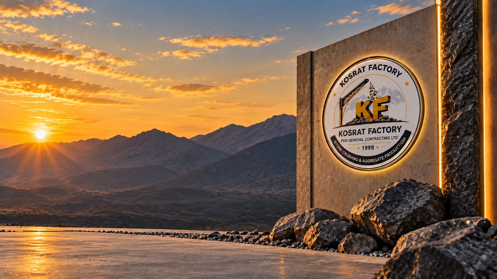 Kosrat Factory entrance sign at sunrise with mountains beyond